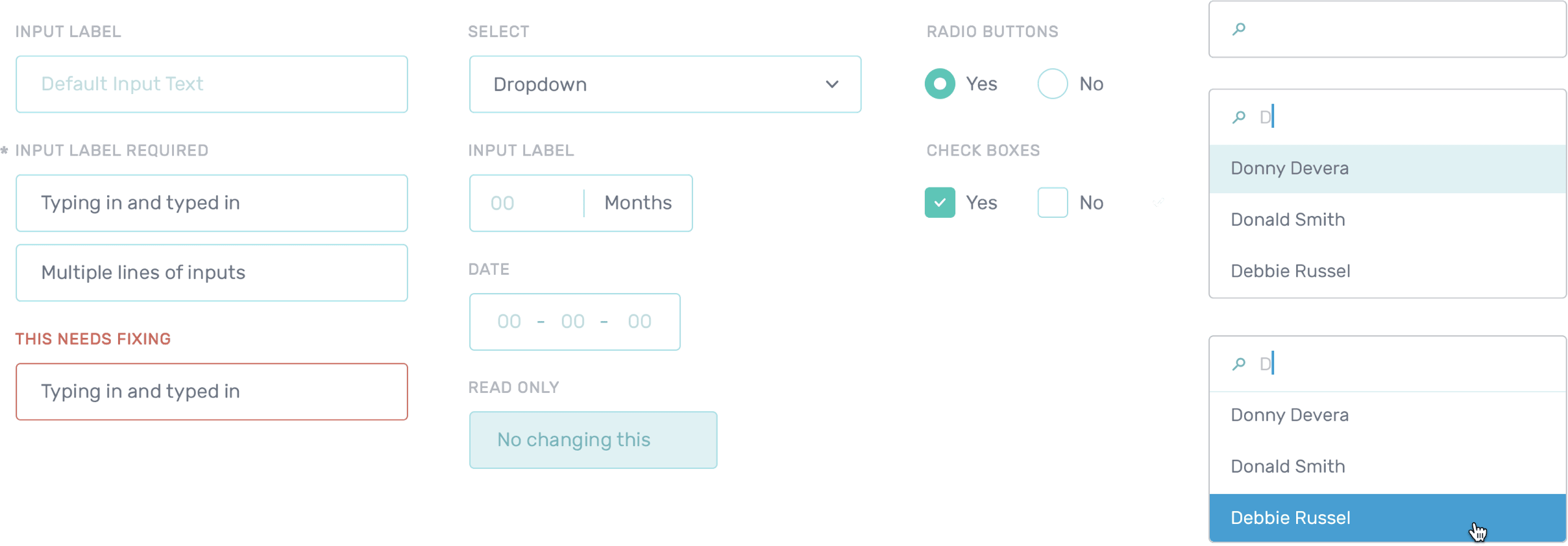 Designs of various UI components like form inputs used within the Daavlin app
