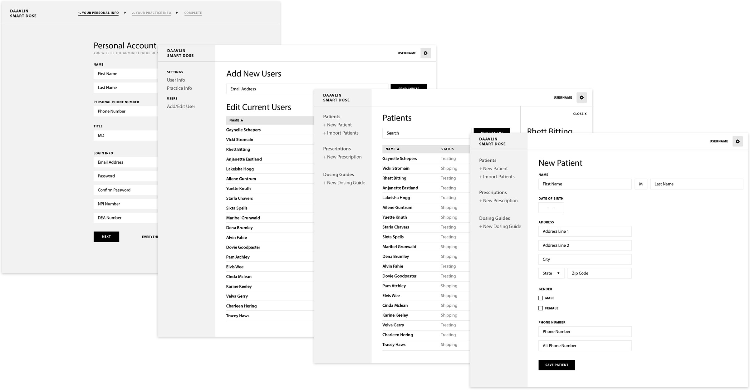 Wireframes detailing the user experience of the Daavlin app