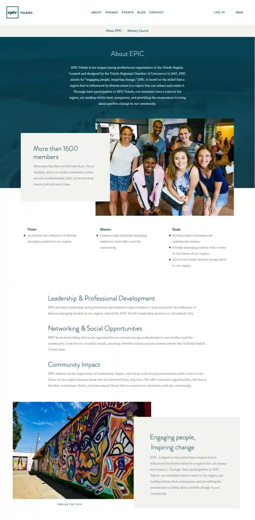 Screenshot of the design concept for the EPIC Toledo about page, giving users quick access to the mission, vision and goals of the organization as well as information about the program’s leadership council.