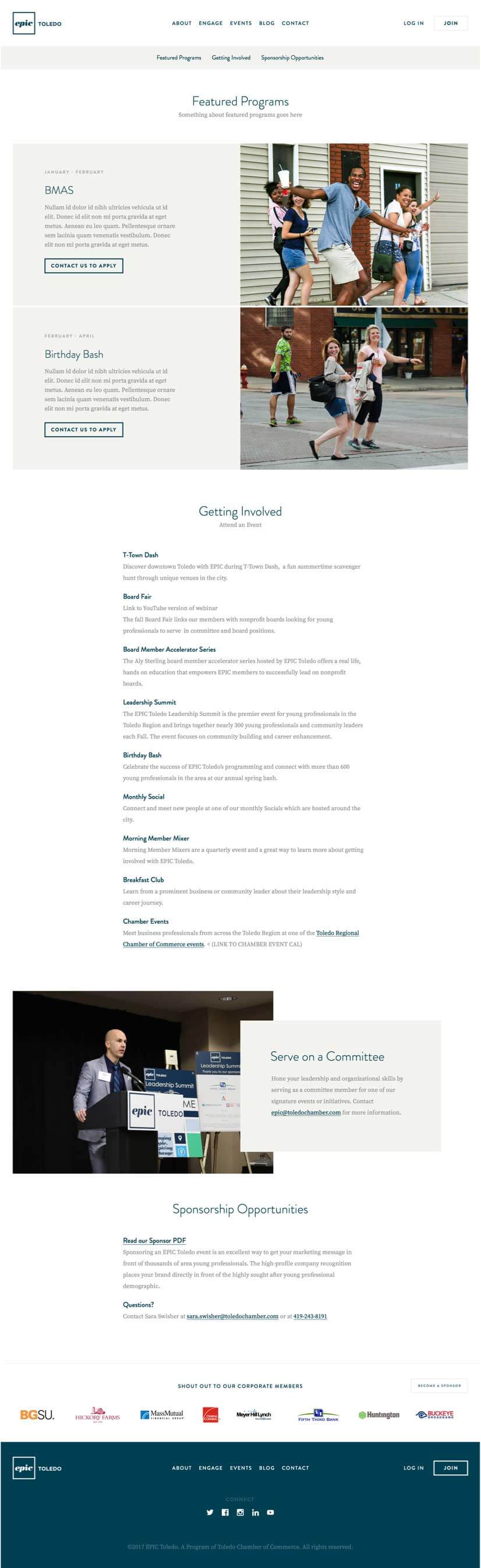 Screenshot of the design concept for the EPIC Toledo engage page, giving website visitors three ways to engage with the organization through Featured Programs, attending events or serving on a committee.